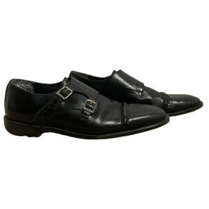Stacy Adams Leather Double Monk Strap Shoes 9.5 Black Cap Toe Silver Buckles